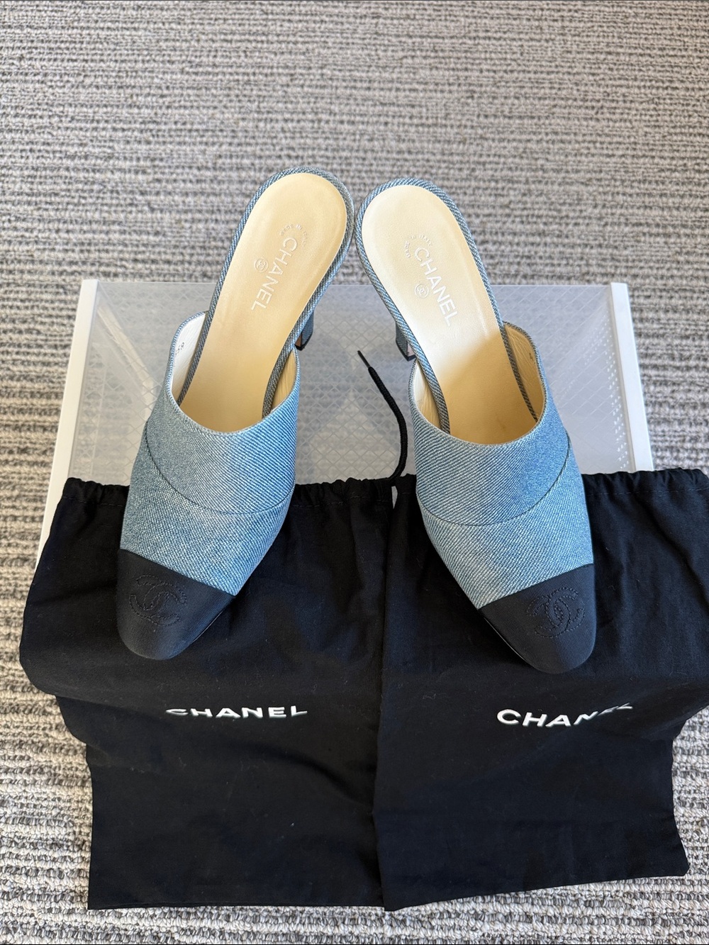 CHANEL Denim Blue and Black Cap-Toe Slip-On Mules